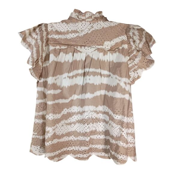 Sea New York Blouse Top Embroidered Eyelet Flutter Sleeve Cotton  Tan White S - Picture 2 of 7